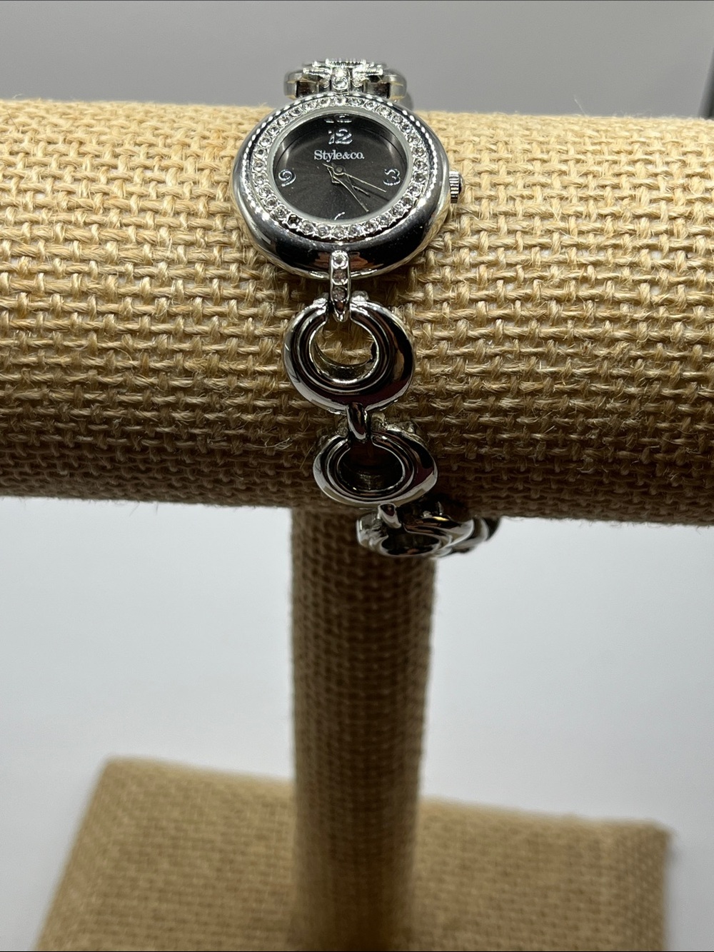 Style & Co Silver Link Bracelet Watch with Black Dial & Crystals New Battery